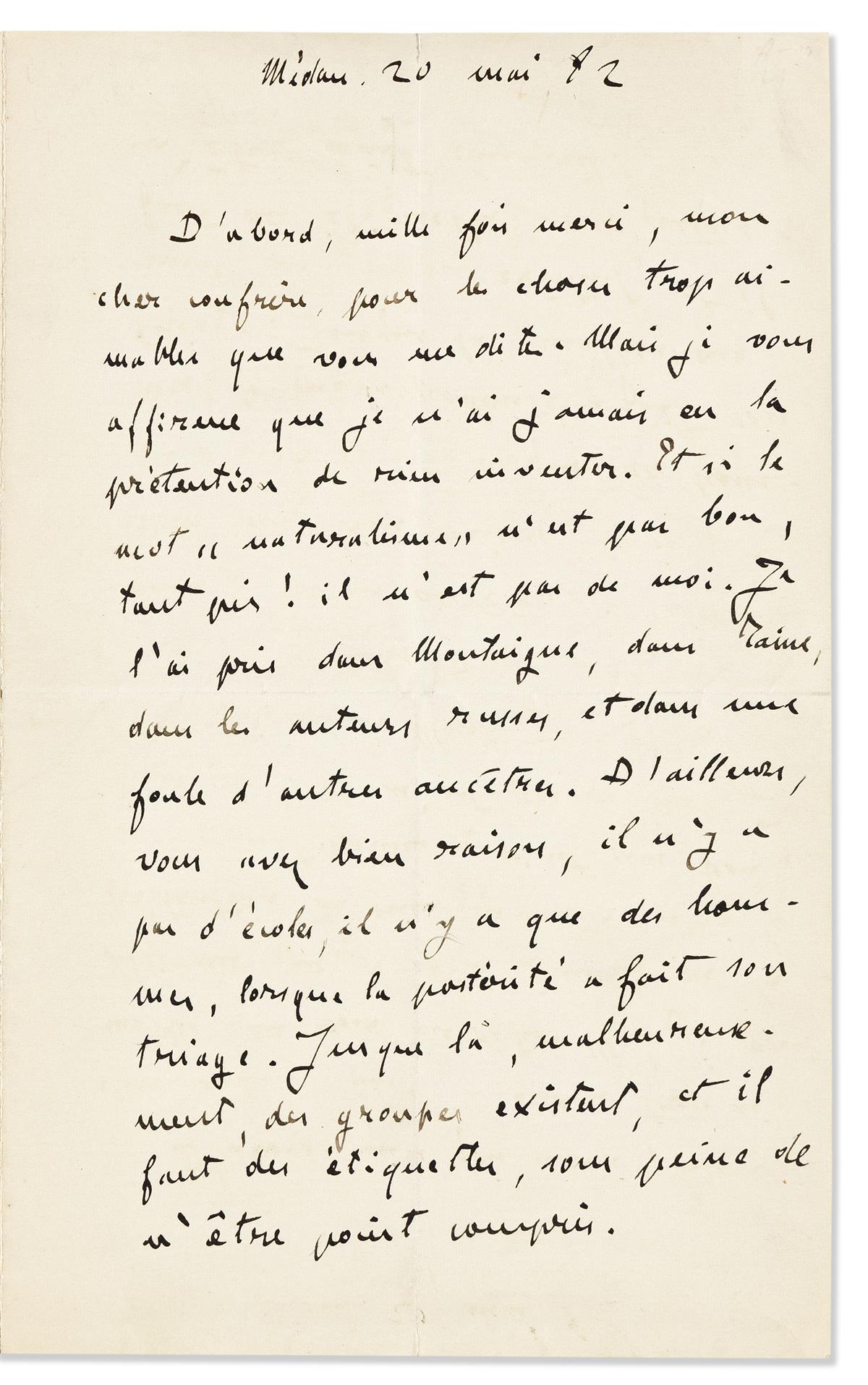 ZOLA, ÉMILE. Autograph Letter Signed, to an unnamed recipient (lacking salutation), in French,